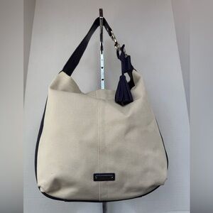 Coach Canvas Avery Hobo Bag. Natural Canvas & Indigo Navy Leather . F 28911.